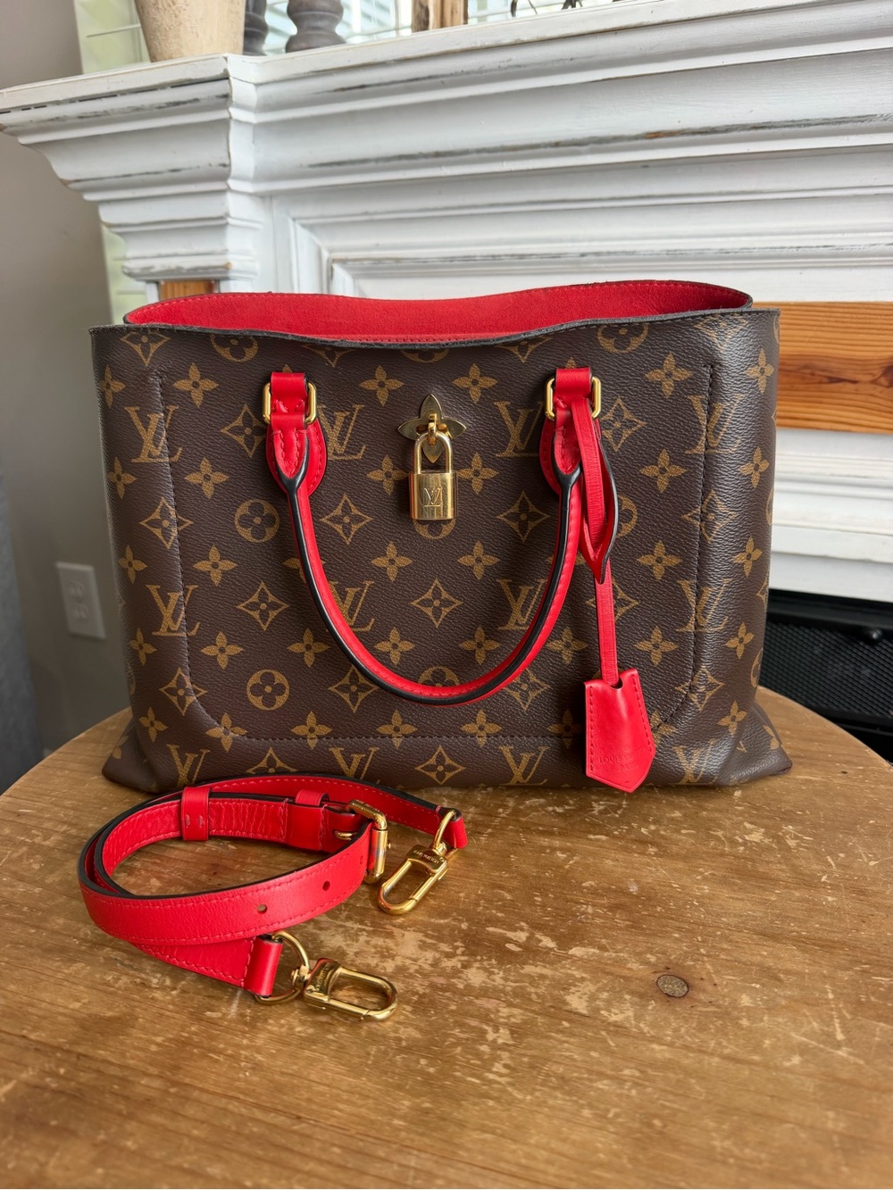 Louis Vuitton Flower Monogram Tote with Red Trim and Gold Hardware